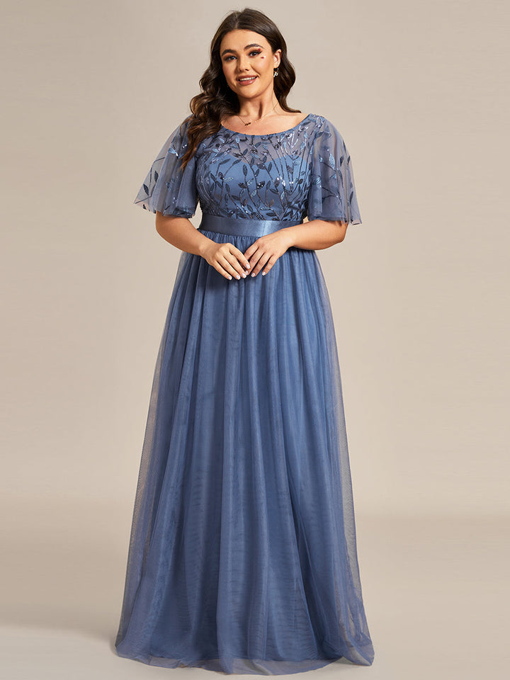 Plus size embroidered sequin A-line evening dress with short sleeves for women