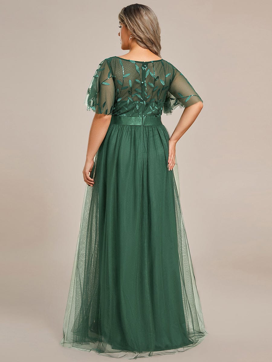 Plus size embroidered sequin A-line evening dress with short sleeves for women