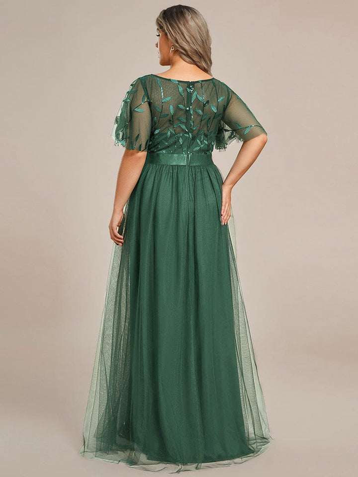 Plus size embroidered sequin A-line evening dress with short sleeves for women