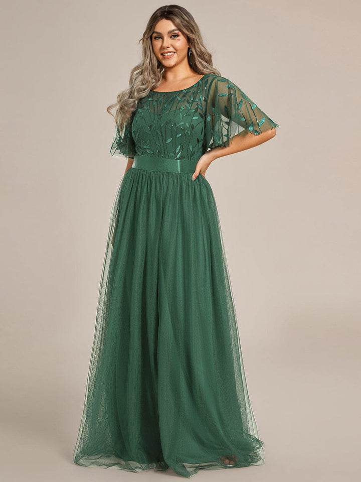 Plus size embroidered sequin A-line evening dress with short sleeves for women