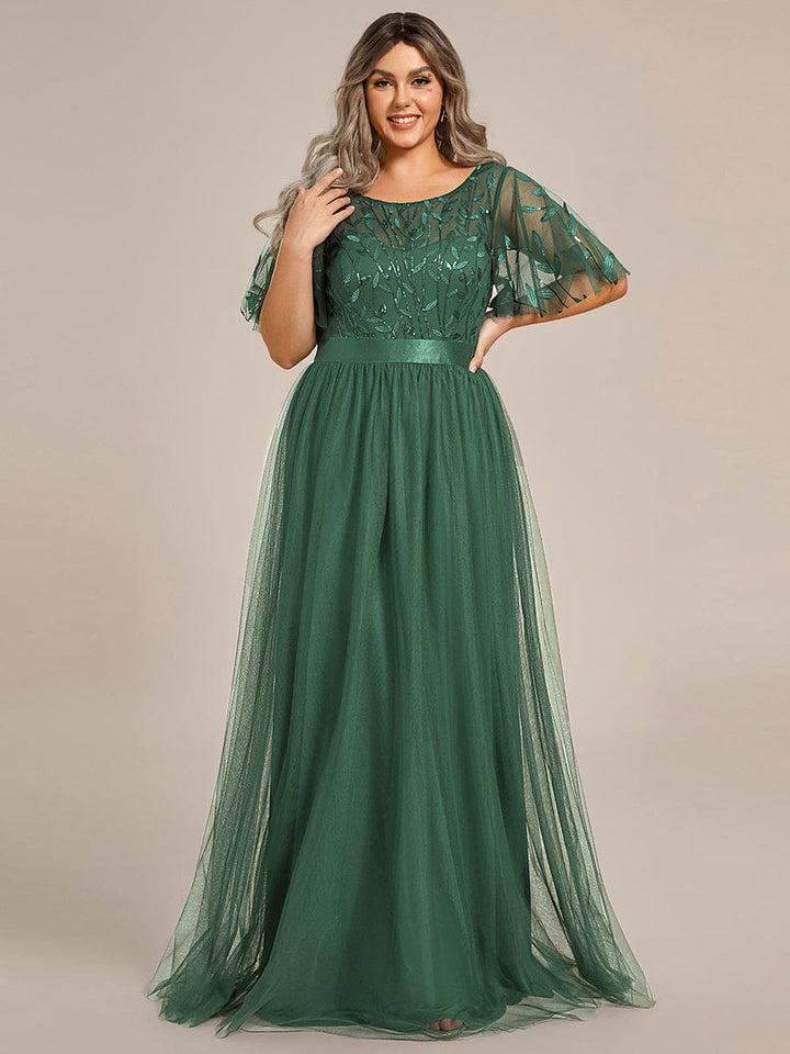 Plus size embroidered sequin A-line evening dress with short sleeves for women
