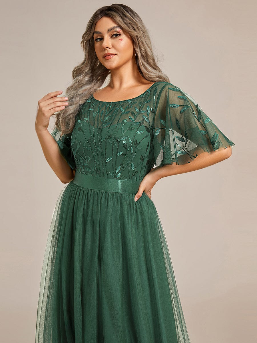 Plus size embroidered sequin A-line evening dress with short sleeves for women