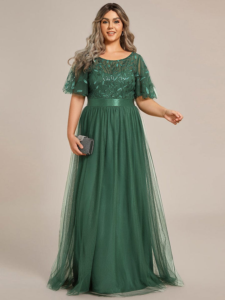 Plus size embroidered sequin A-line evening dress with short sleeves for women
