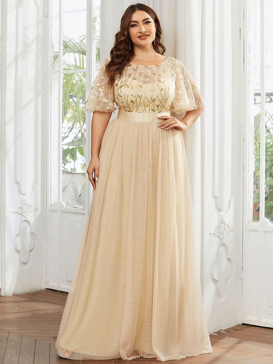 Plus size embroidered sequin A-line evening dress with short sleeves for women