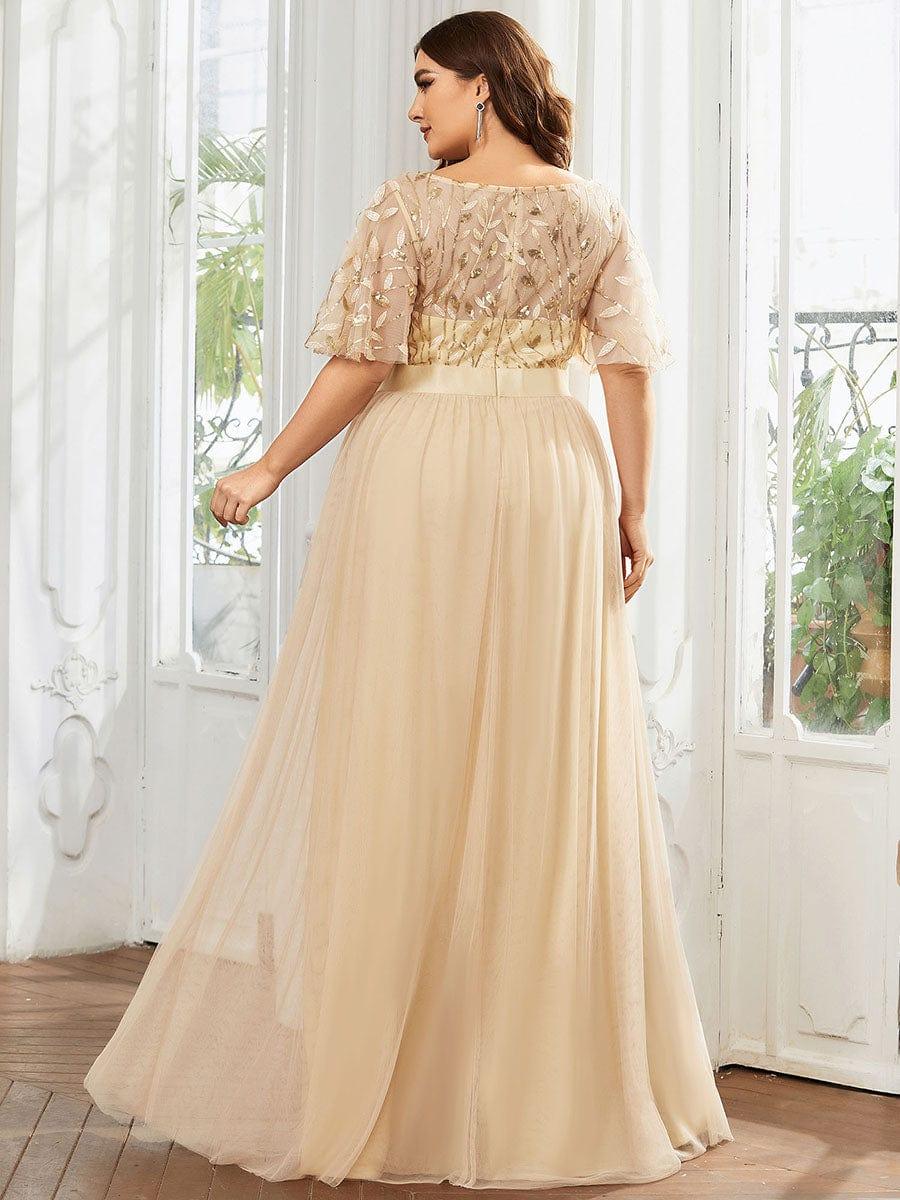 Plus size embroidered sequin A-line evening dress with short sleeves for women