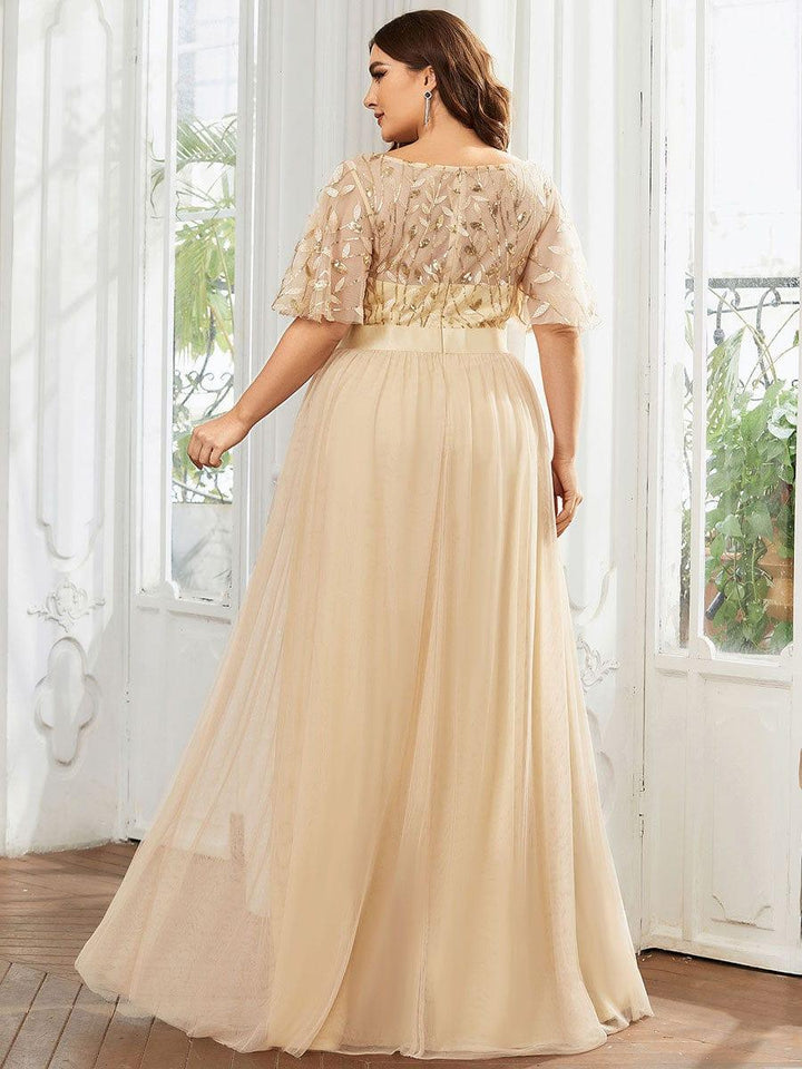Plus size embroidered sequin A-line evening dress with short sleeves for women