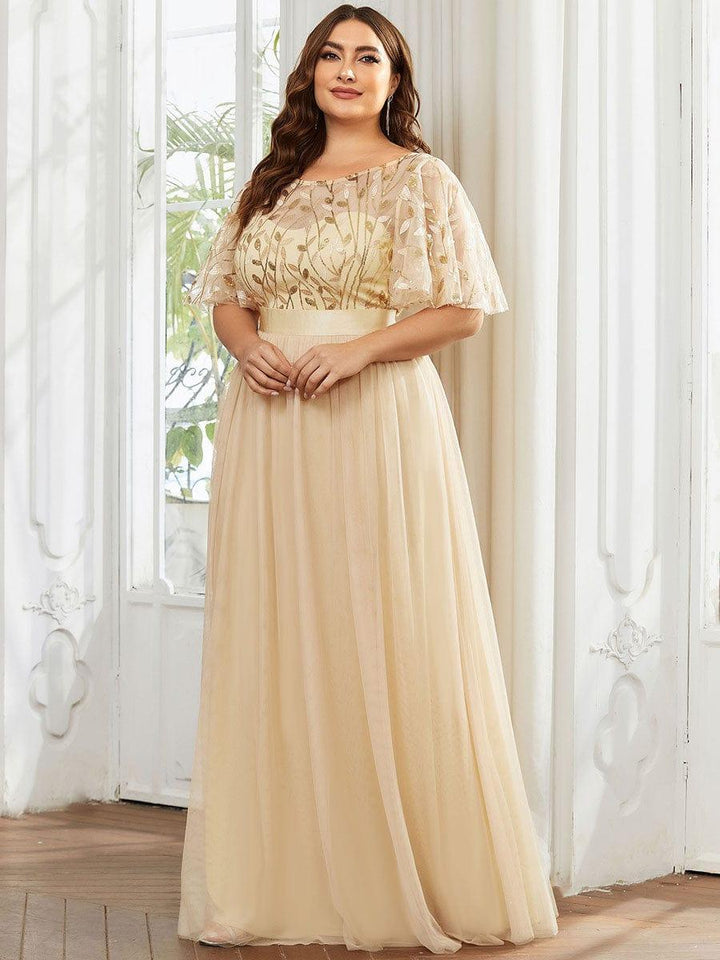 Plus size embroidered sequin A-line evening dress with short sleeves for women