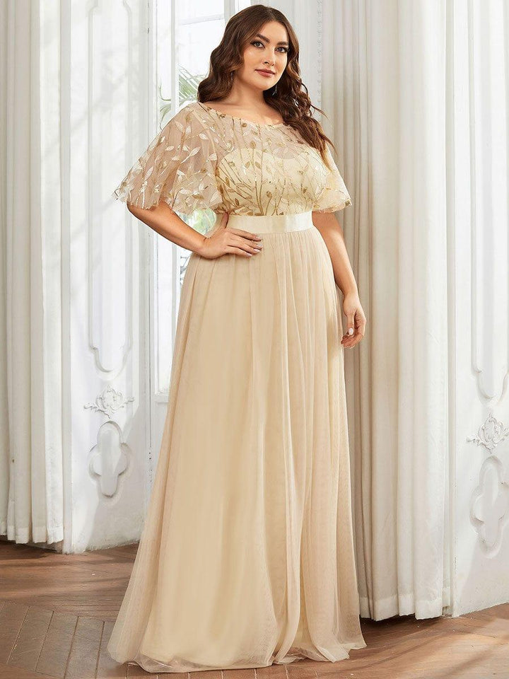 Plus size embroidered sequin A-line evening dress with short sleeves for women