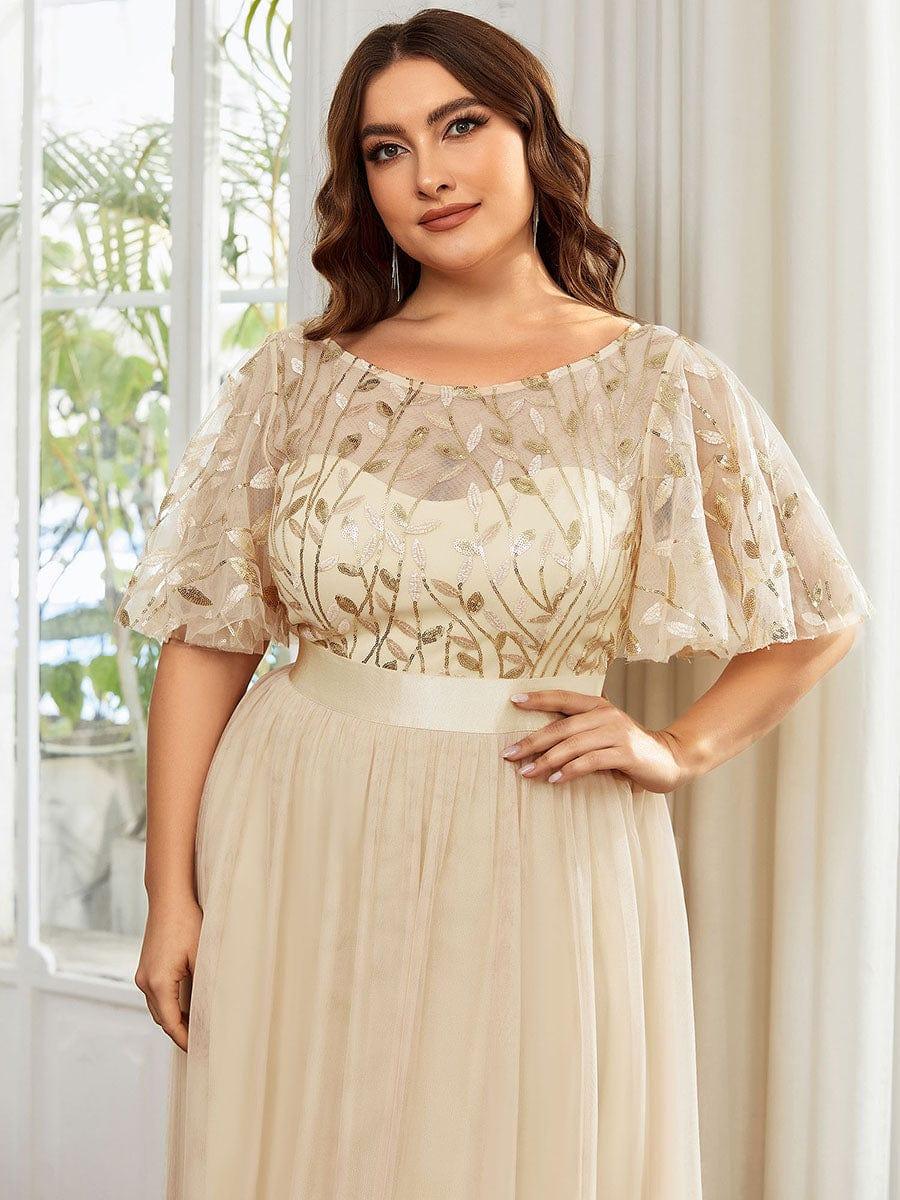 Plus size embroidered sequin A-line evening dress with short sleeves for women