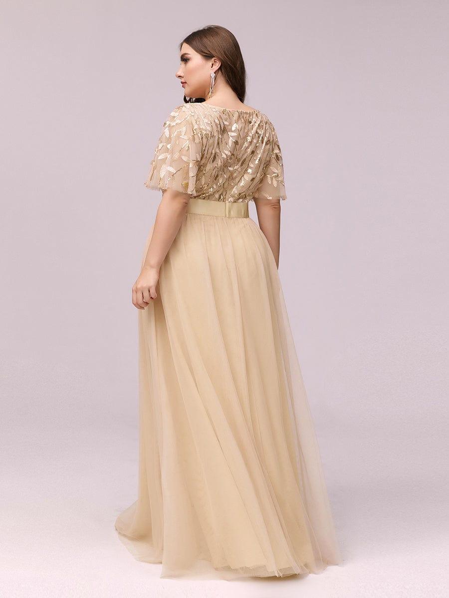 Plus size embroidered sequin A-line evening dress with short sleeves for women