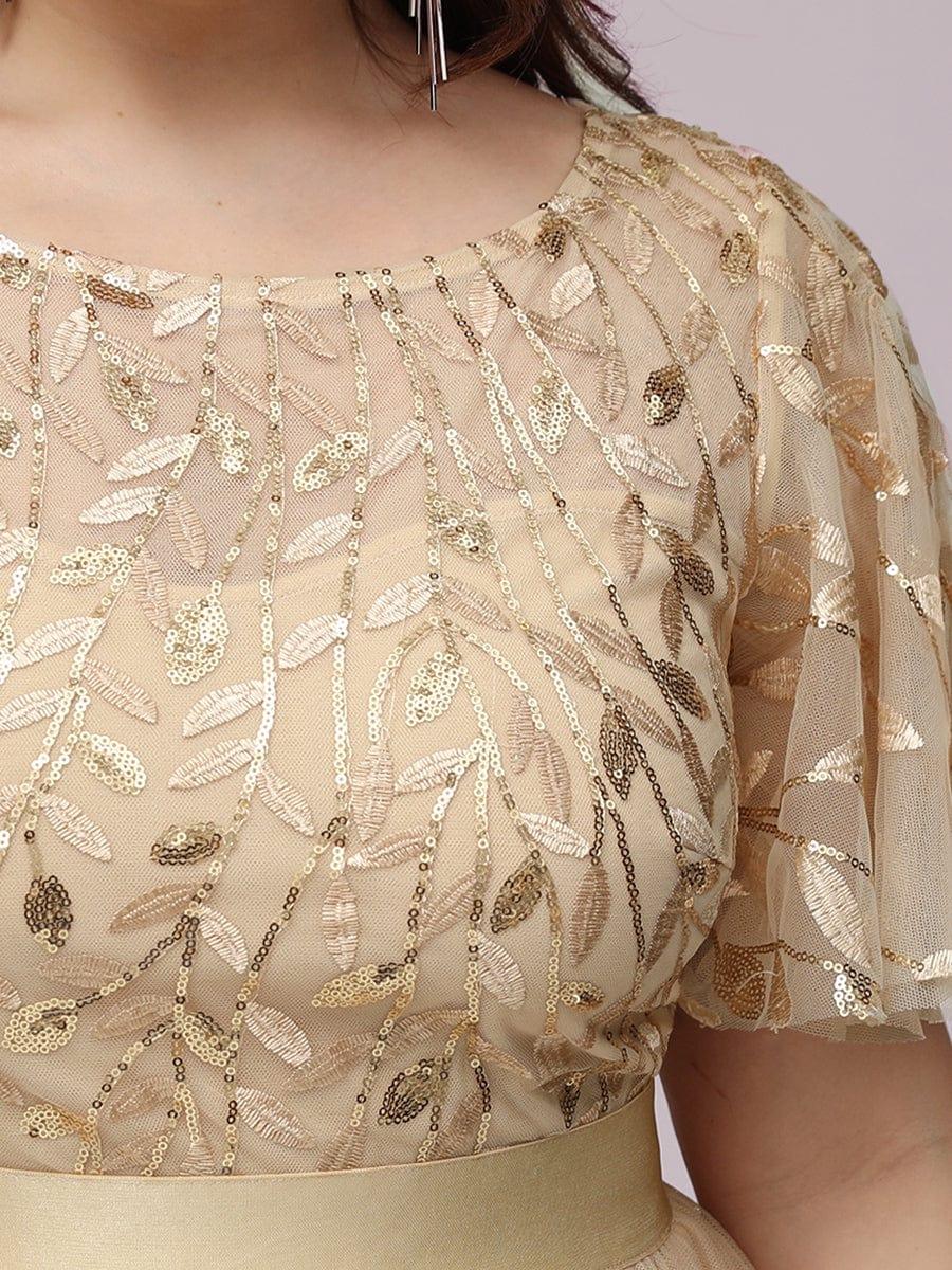 Plus size embroidered sequin A-line evening dress with short sleeves for women