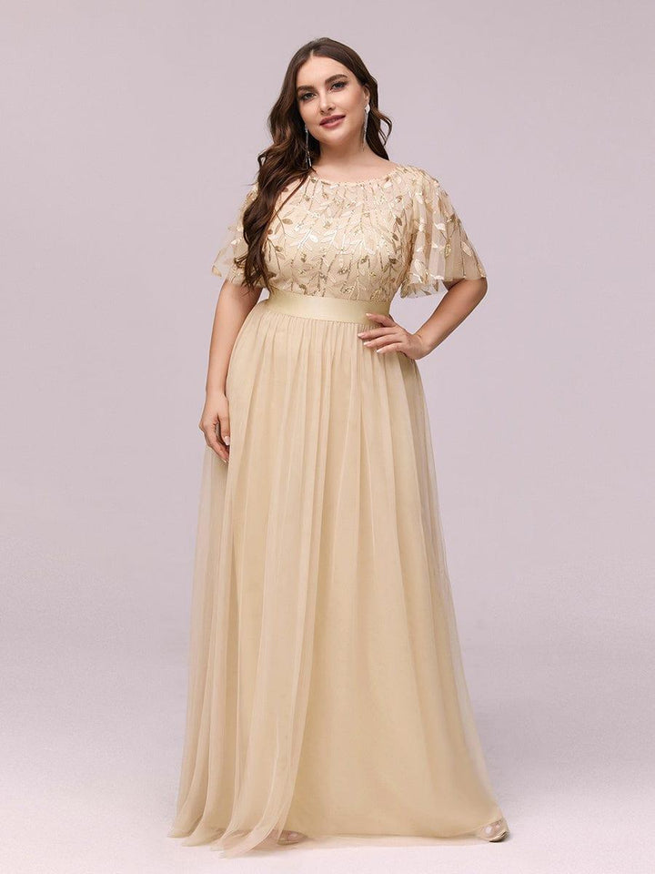 Plus size embroidered sequin A-line evening dress with short sleeves for women