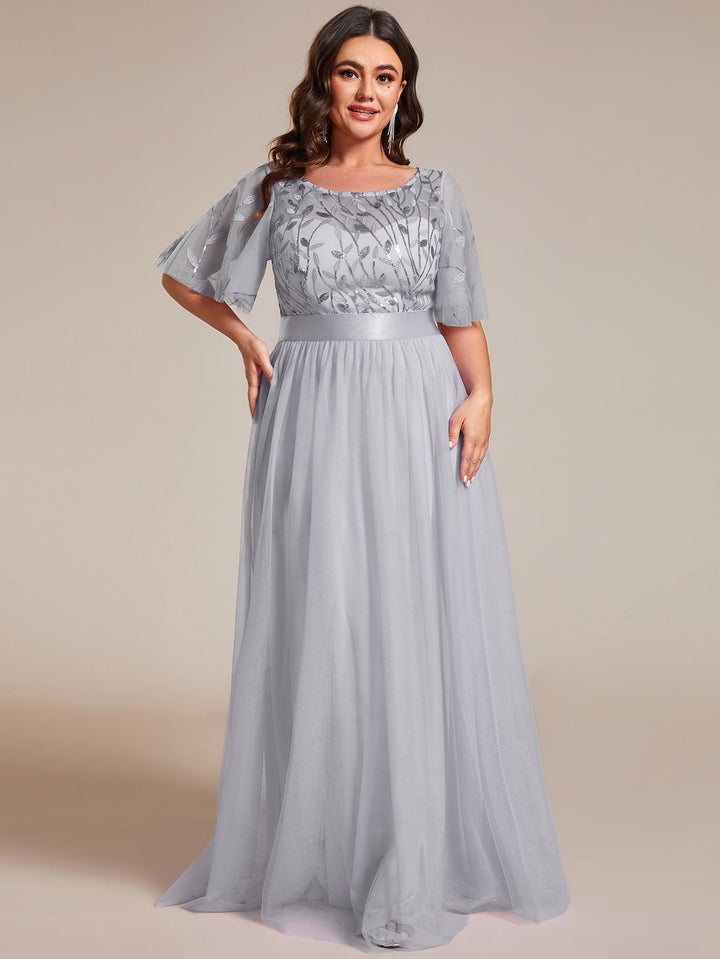Plus size embroidered sequin A-line evening dress with short sleeves for women