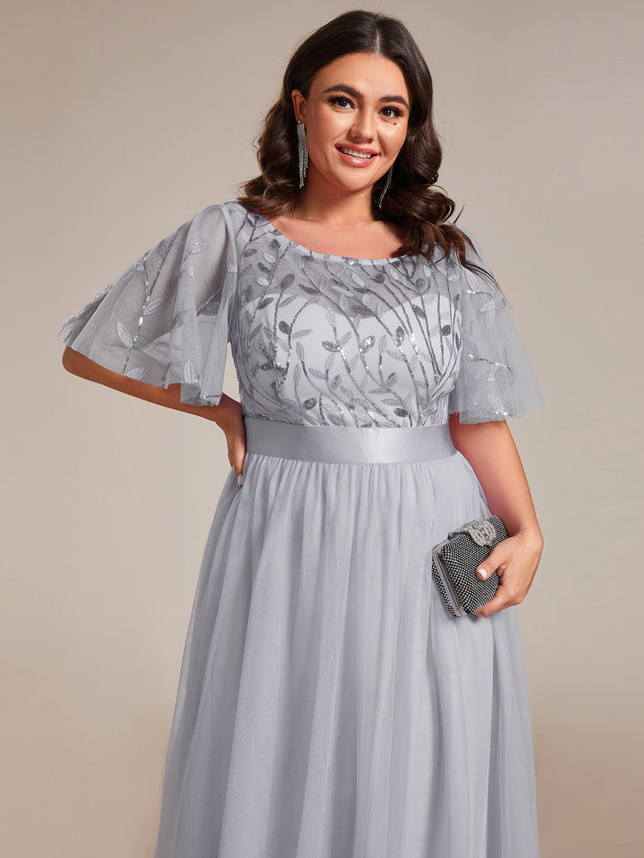 Plus size embroidered sequin A-line evening dress with short sleeves for women