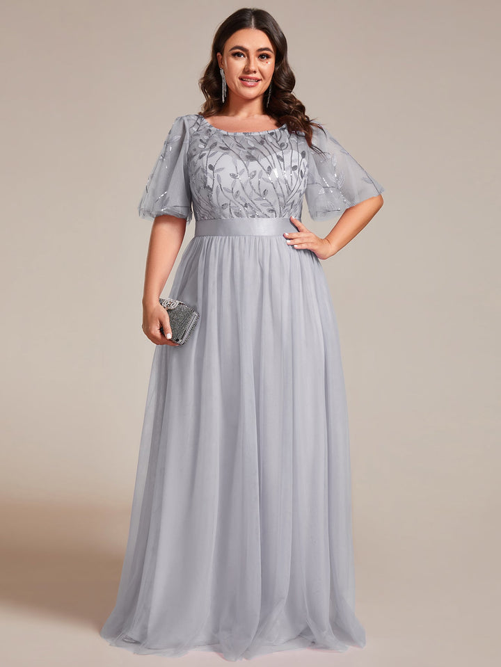 Plus size embroidered sequin A-line evening dress with short sleeves for women