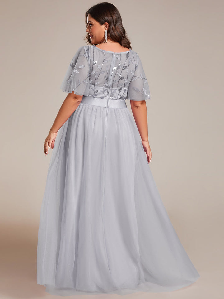 Plus size embroidered sequin A-line evening dress with short sleeves for women