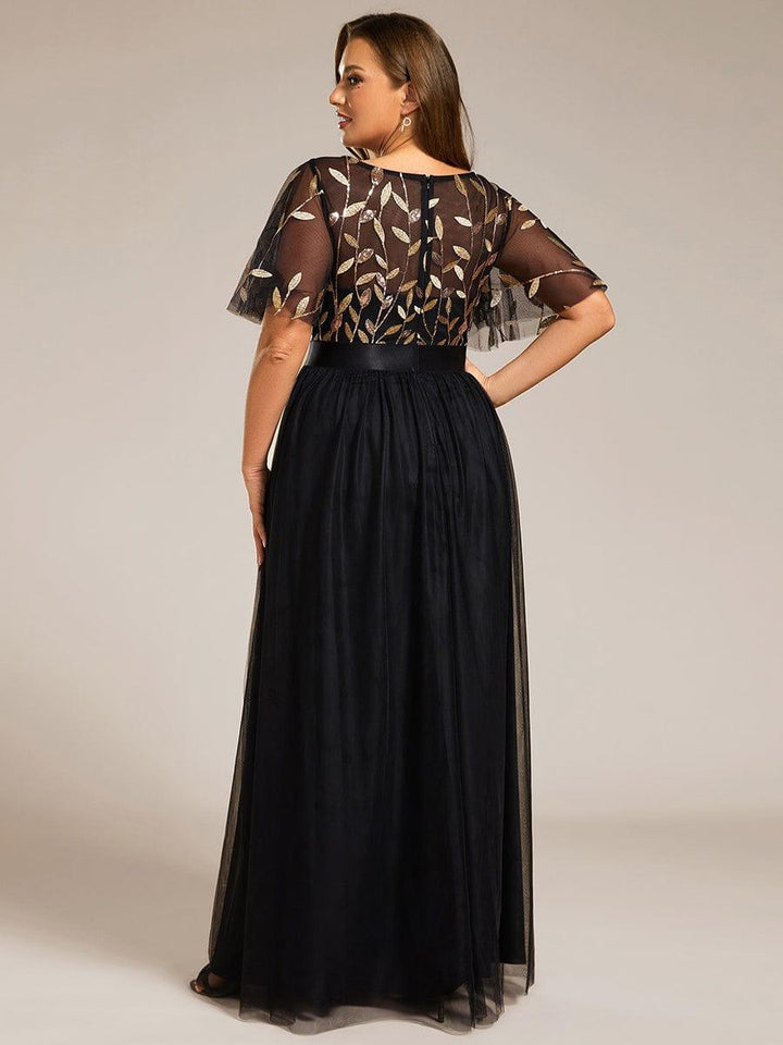 Plus size embroidered sequin A-line evening dress with short sleeves for women