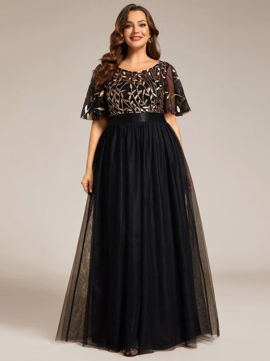 Plus size embroidered sequin A-line evening dress with short sleeves for women