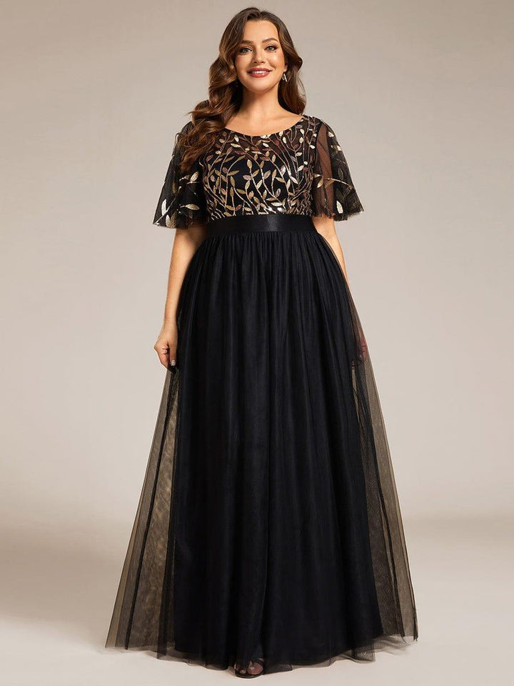 Plus size embroidered sequin A-line evening dress with short sleeves for women