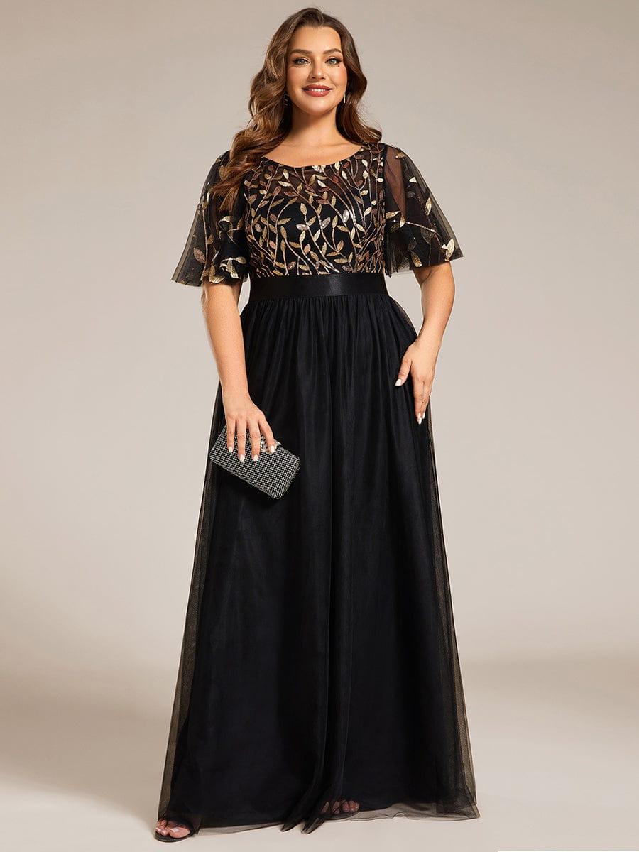 Plus size embroidered sequin A-line evening dress with short sleeves for women