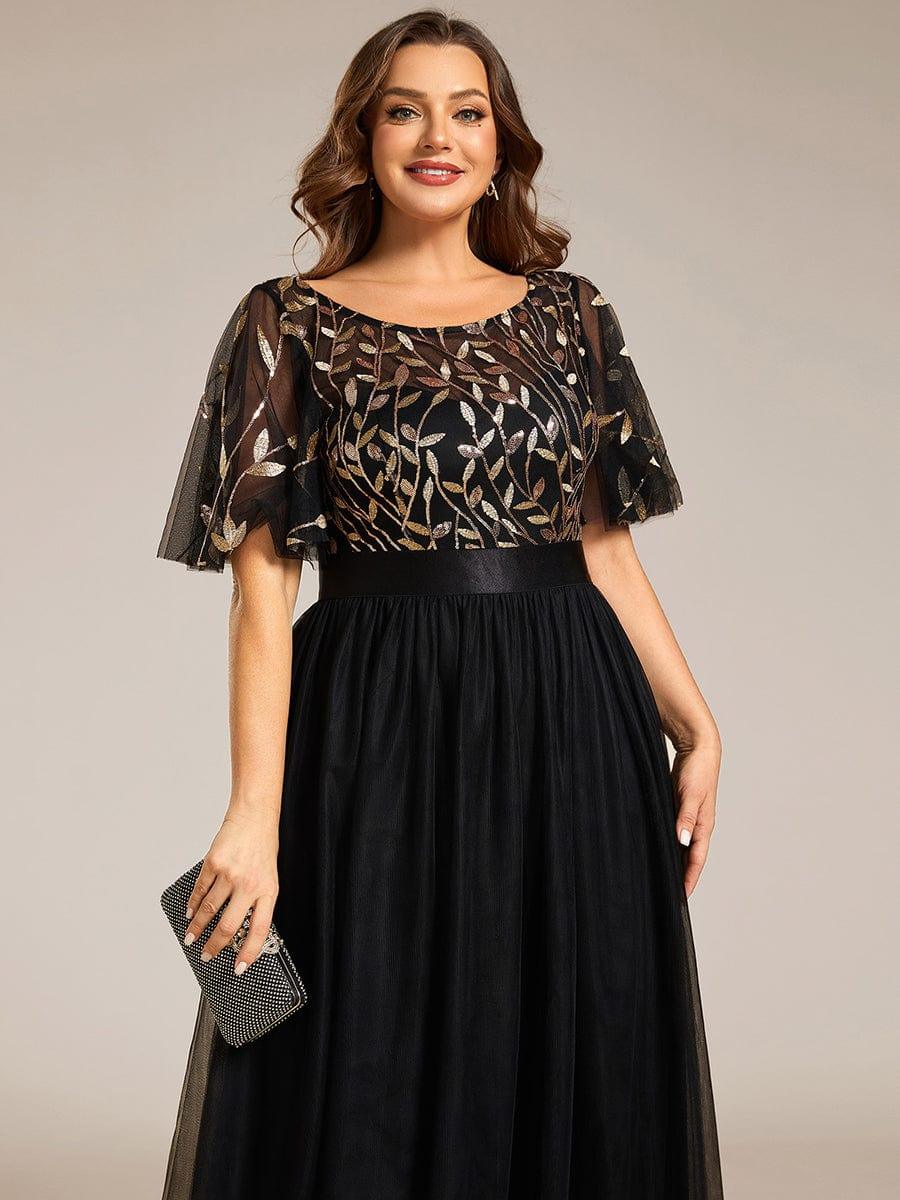 Plus size embroidered sequin A-line evening dress with short sleeves for women