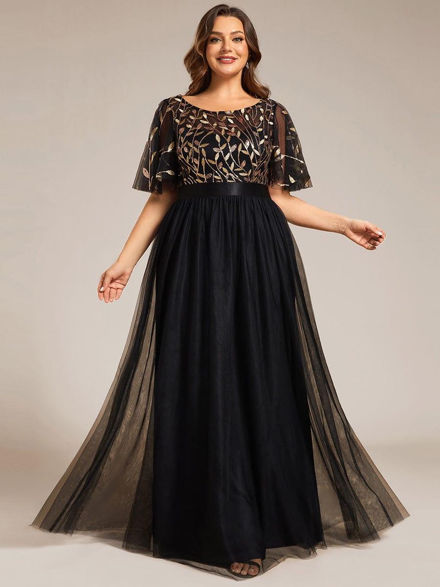 Plus size embroidered sequin A-line evening dress with short sleeves for women