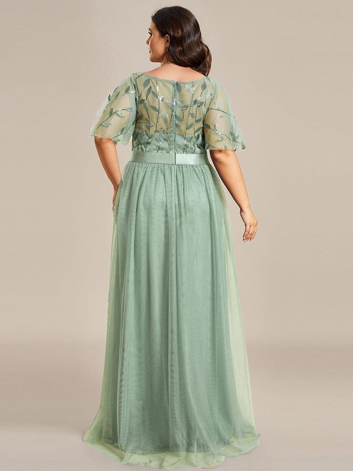 Plus size embroidered sequin A-line evening dress with short sleeves for women