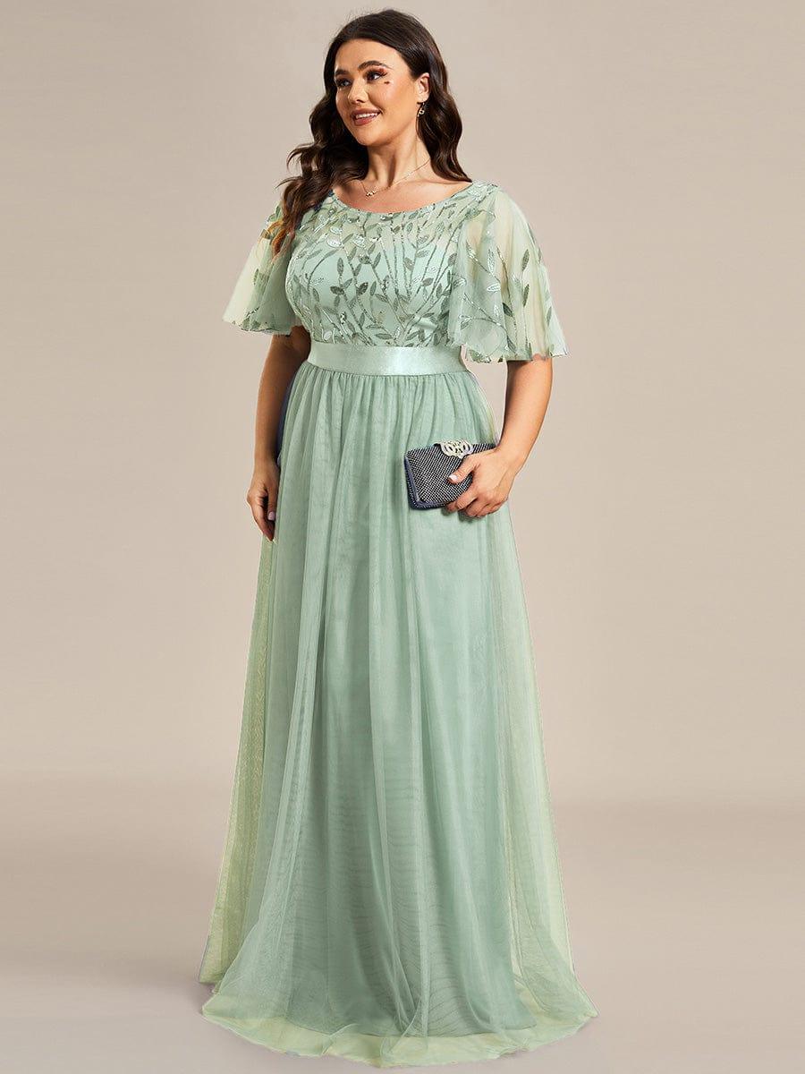 Plus size embroidered sequin A-line evening dress with short sleeves for women