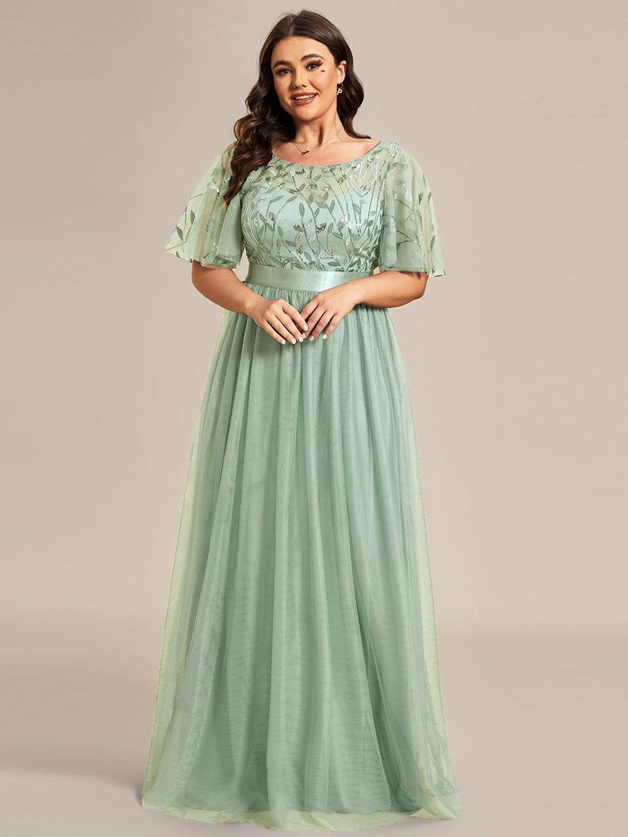 Plus size embroidered sequin A-line evening dress with short sleeves for women