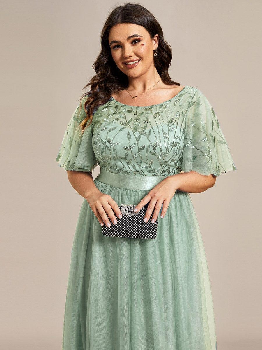 Plus size embroidered sequin A-line evening dress with short sleeves for women