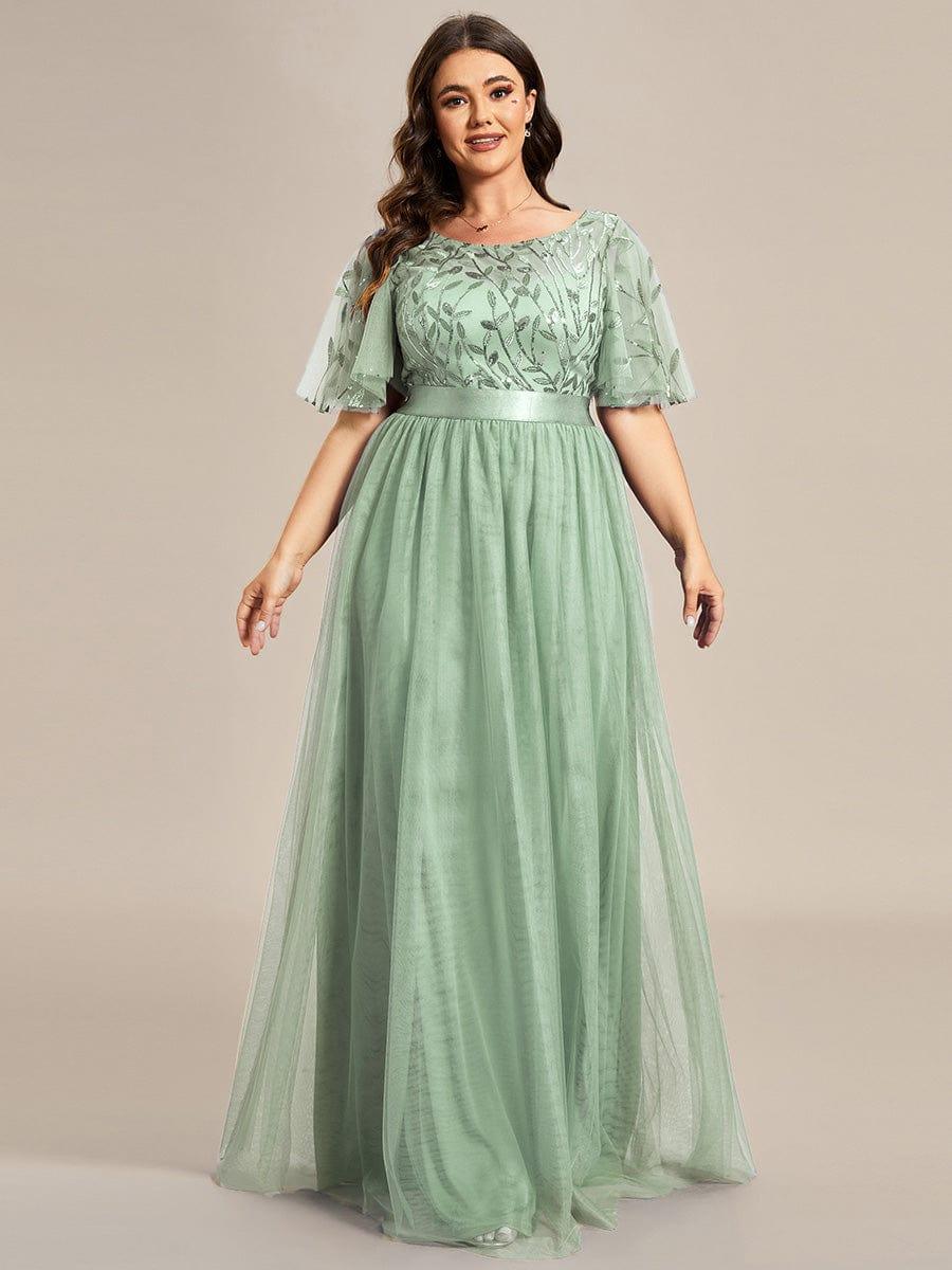 Plus size embroidered sequin A-line evening dress with short sleeves for women