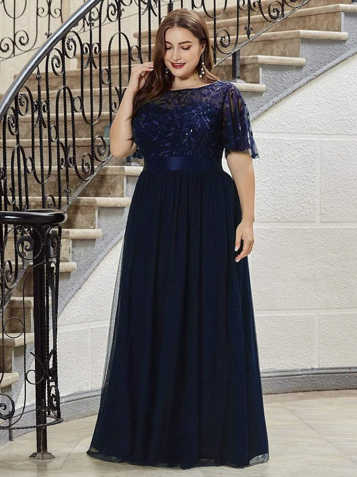 Plus size embroidered sequin A-line evening dress with short sleeves for women