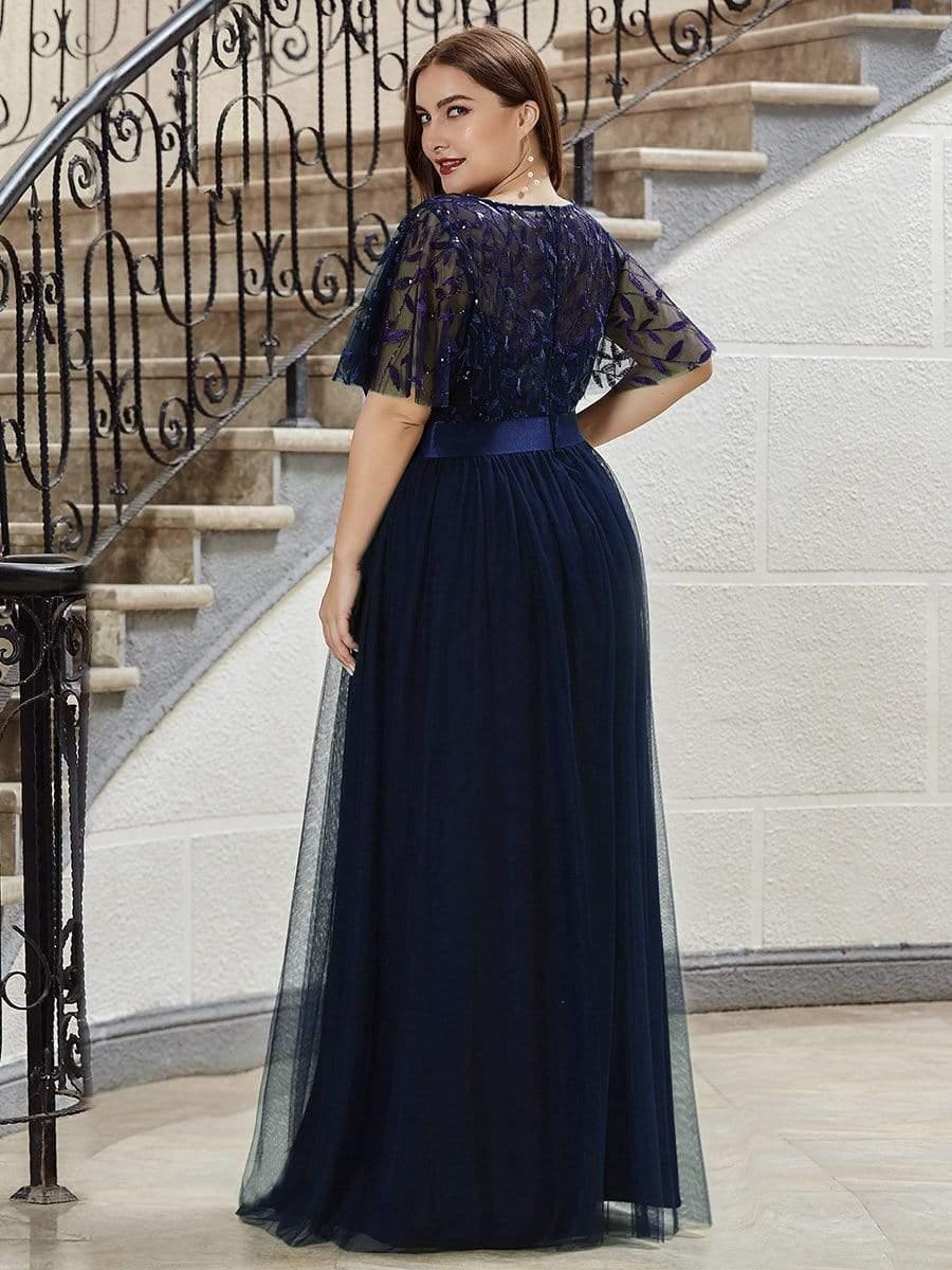 Plus size embroidered sequin A-line evening dress with short sleeves for women