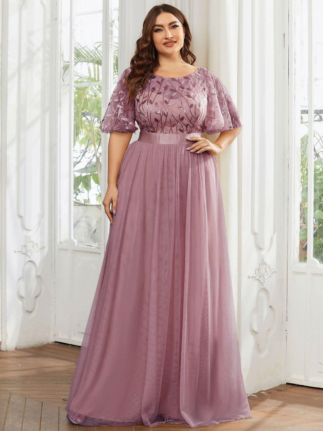 Plus size embroidered sequin A-line evening dress with short sleeves for women