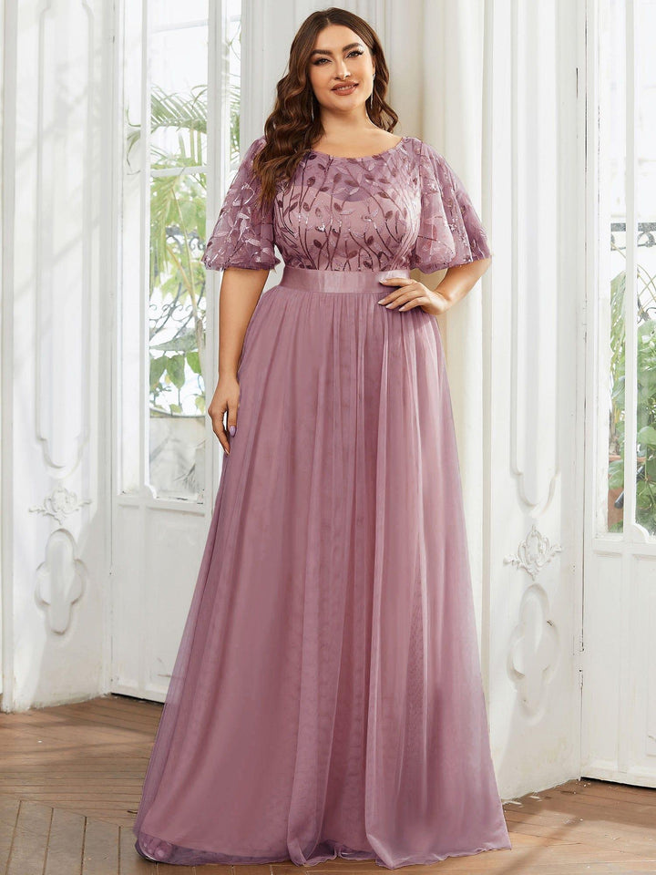 Plus size embroidered sequin A-line evening dress with short sleeves for women