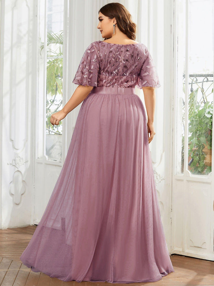 Plus size embroidered sequin A-line evening dress with short sleeves for women