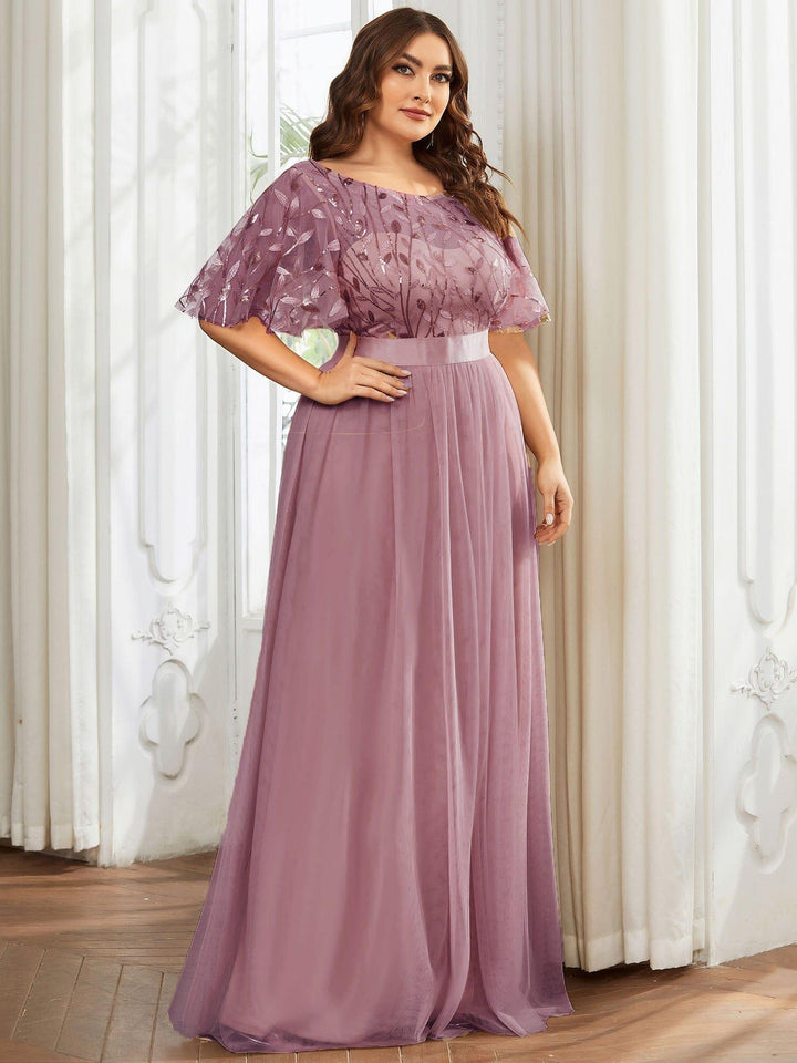 Plus size embroidered sequin A-line evening dress with short sleeves for women