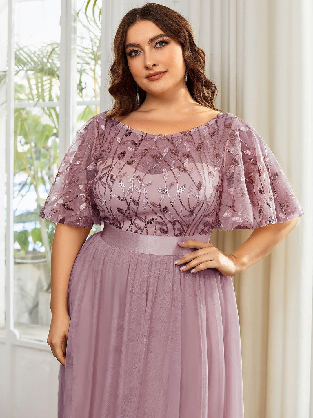 Plus size embroidered sequin A-line evening dress with short sleeves for women