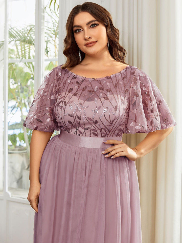 Plus size embroidered sequin A-line evening dress with short sleeves for women
