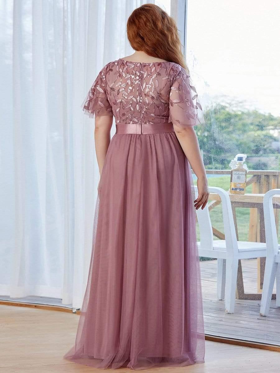 Plus size embroidered sequin A-line evening dress with short sleeves for women