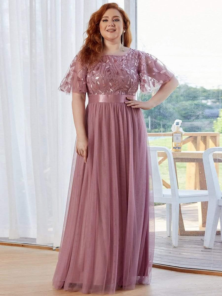 Plus size embroidered sequin A-line evening dress with short sleeves for women