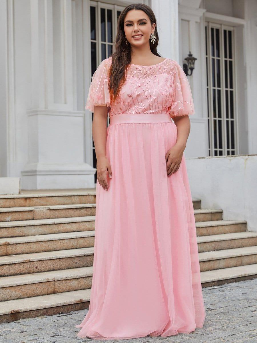 Plus size embroidered sequin A-line evening dress with short sleeves for women