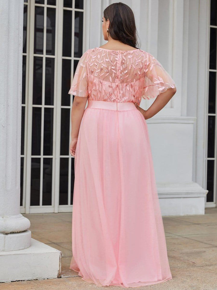 Plus size embroidered sequin A-line evening dress with short sleeves for women