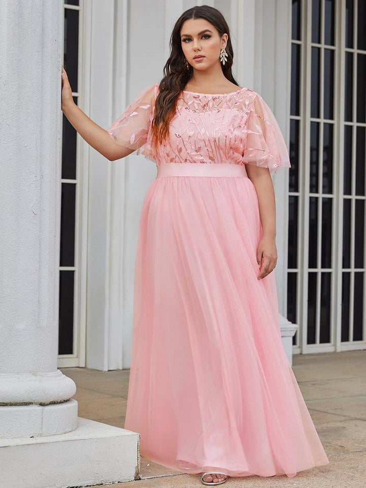 Plus size embroidered sequin A-line evening dress with short sleeves for women