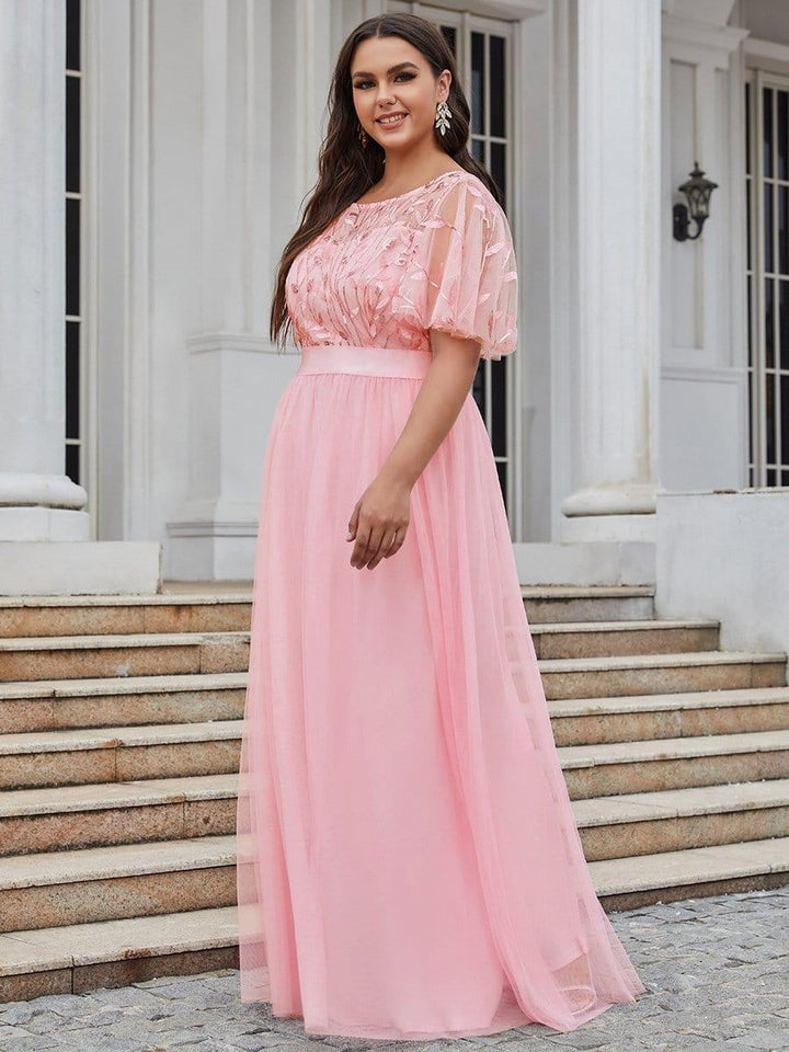 Plus size embroidered sequin A-line evening dress with short sleeves for women