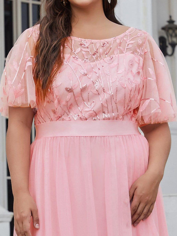 Plus size embroidered sequin A-line evening dress with short sleeves for women