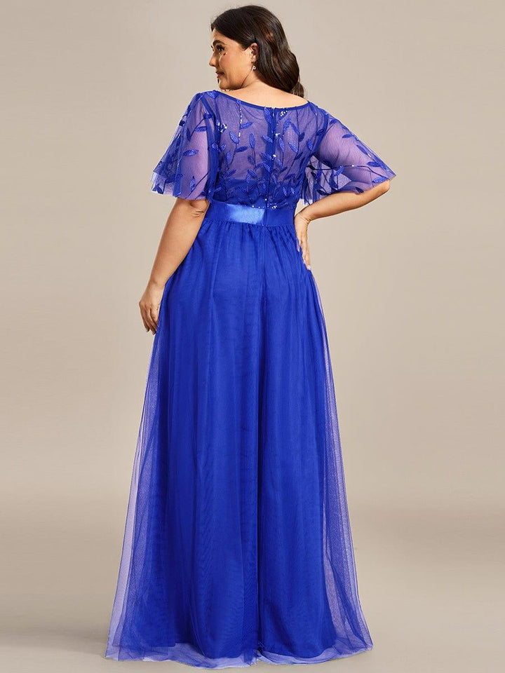 Plus size embroidered sequin A-line evening dress with short sleeves for women