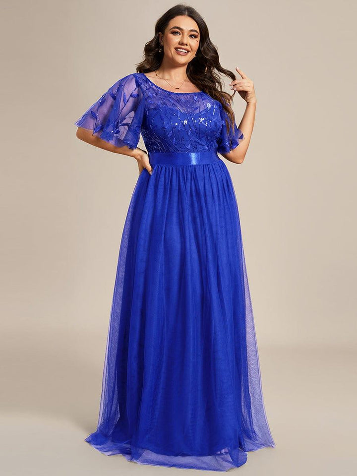 Plus size embroidered sequin A-line evening dress with short sleeves for women