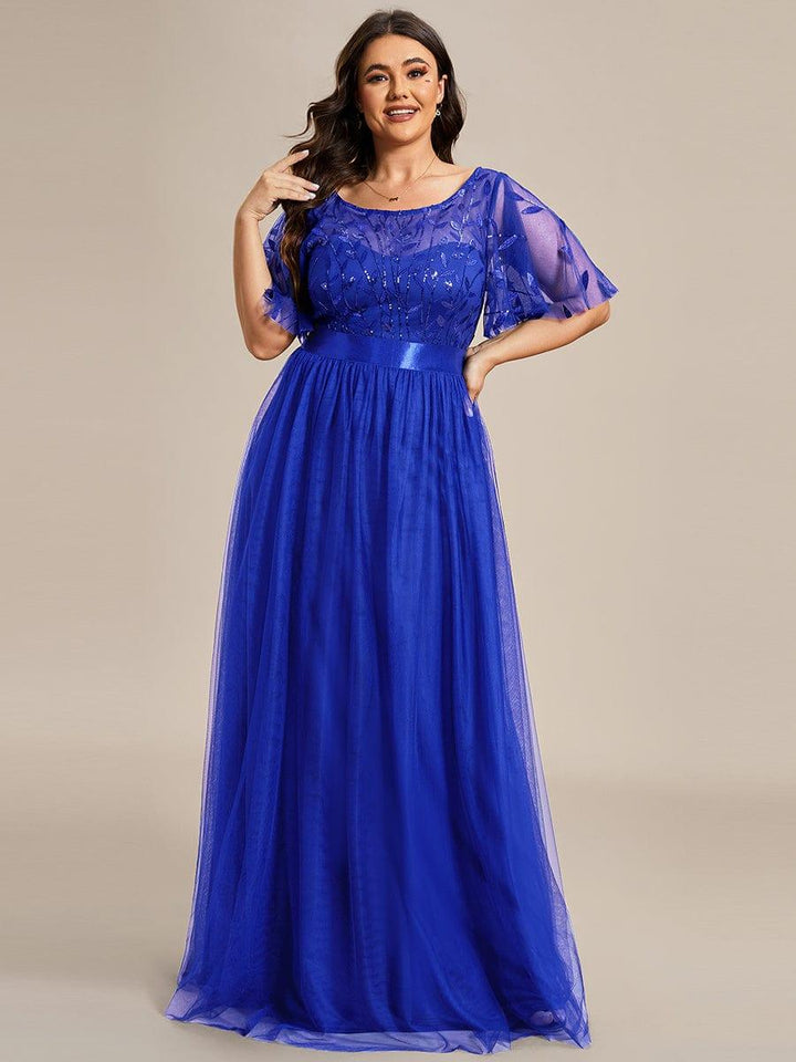 Plus size embroidered sequin A-line evening dress with short sleeves for women