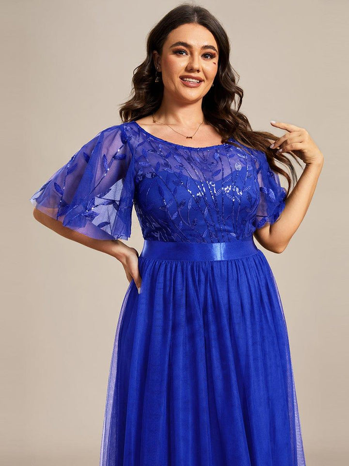 Plus size embroidered sequin A-line evening dress with short sleeves for women